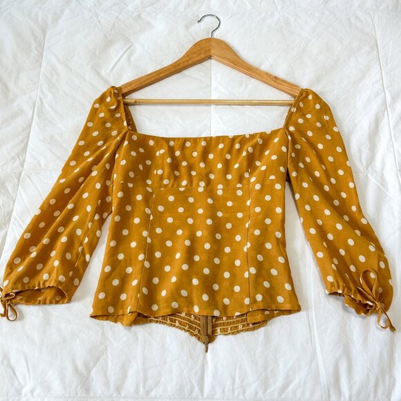 NWOT Reformation Grove Top Mustard Polka Dot Puff Sleeve Blouse Size 6 - Picture 2 of 7